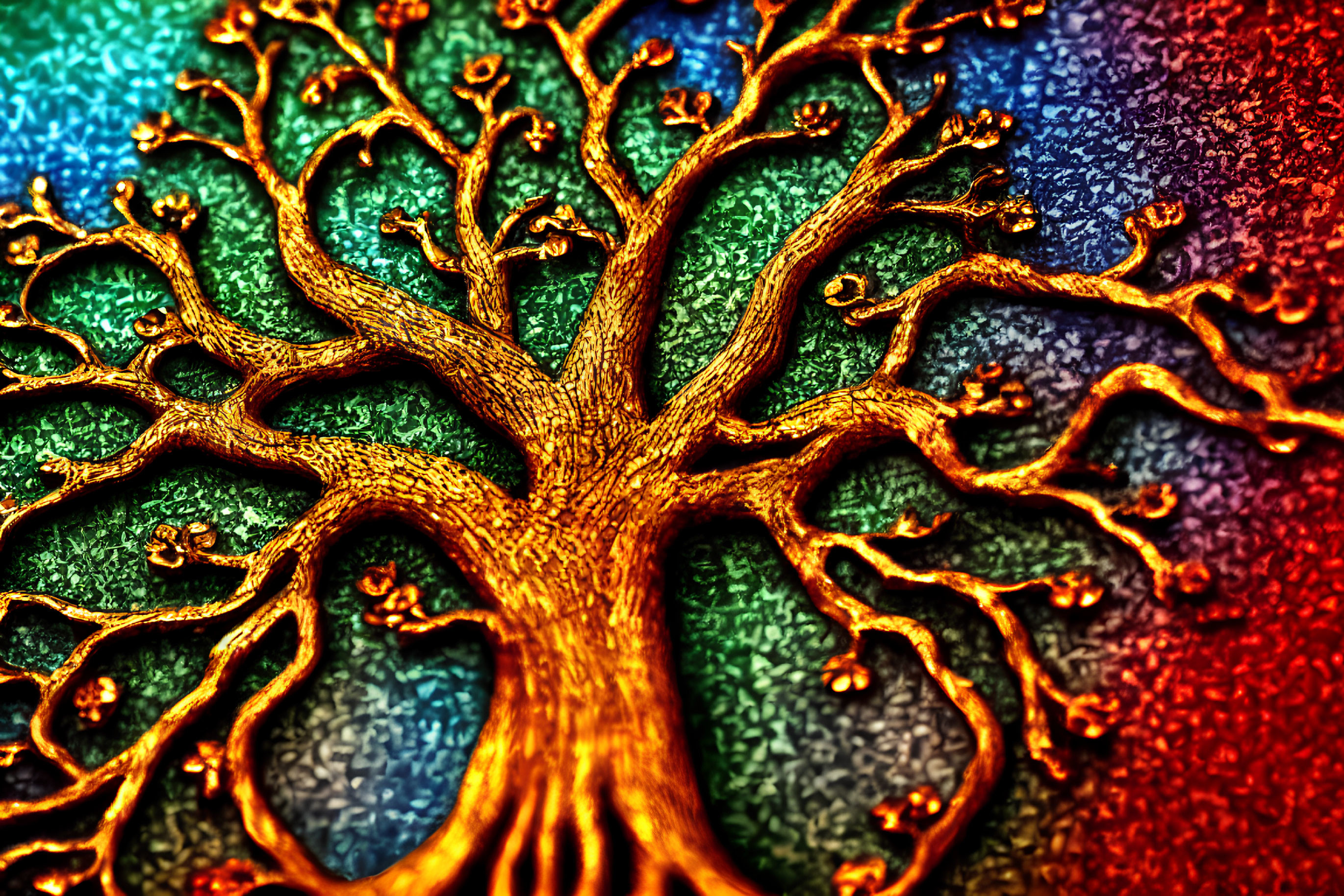 Detailed Vibrant Tree Artwork Against Multicolored Background