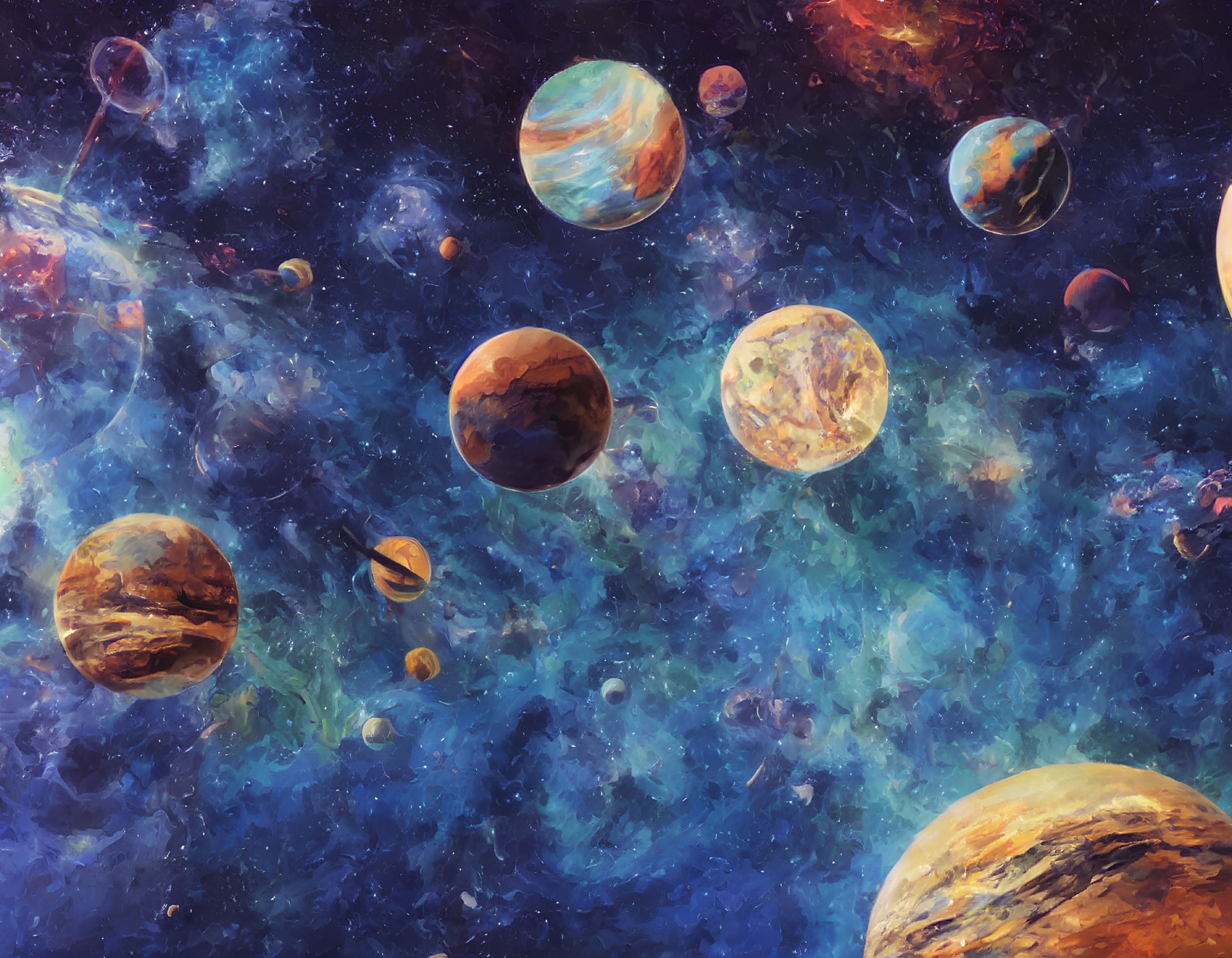 Colorful Cosmic Scene with Multiple Planets in Starry Nebula