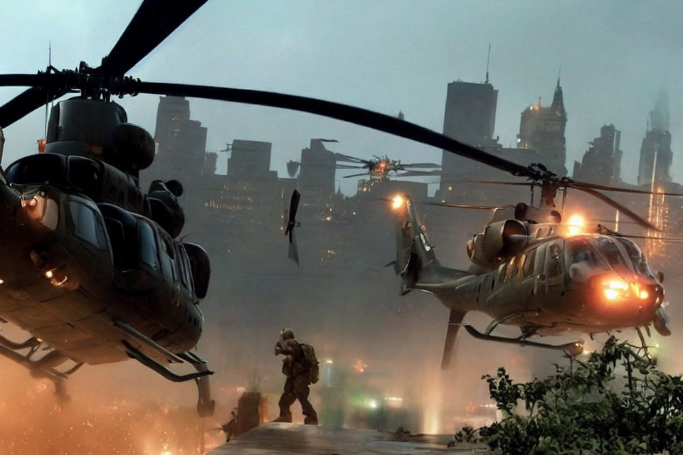 Military helicopters land in dystopian cityscape with soldier in foggy twilight.