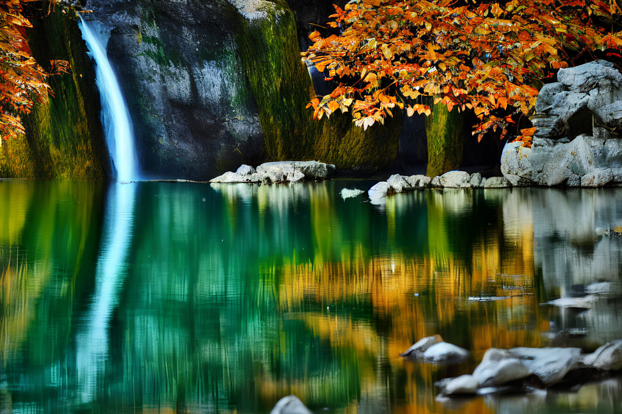 Tranquil pond with small waterfall and autumnal foliage