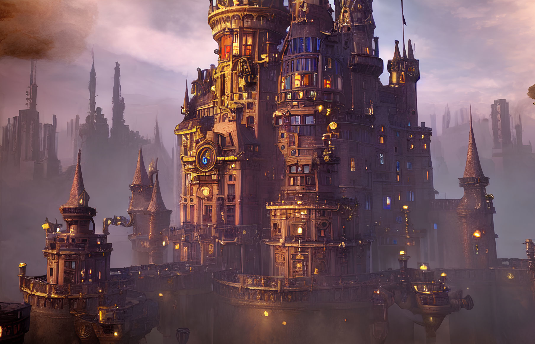 Fantasy castle with ornate towers in rosy sky