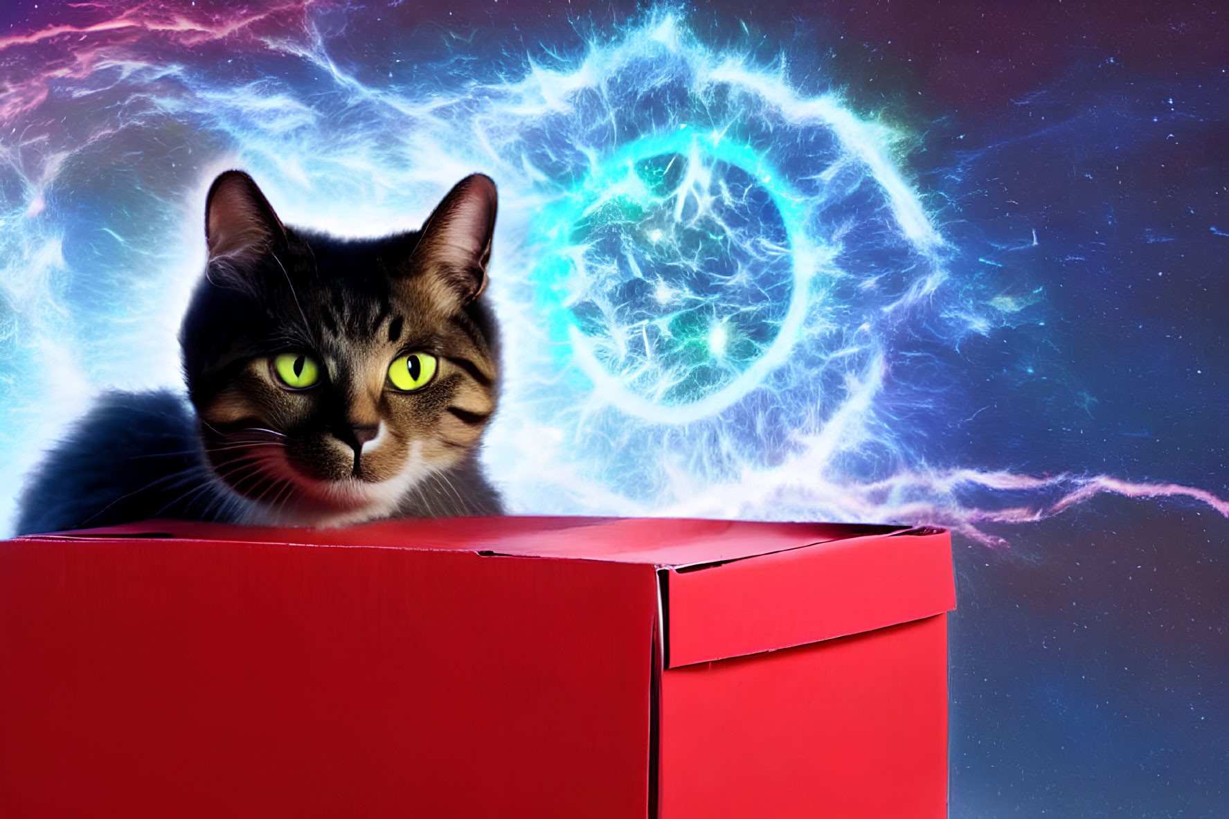 Tabby Cat with Yellow Eyes in Cosmic Setting against Red Box