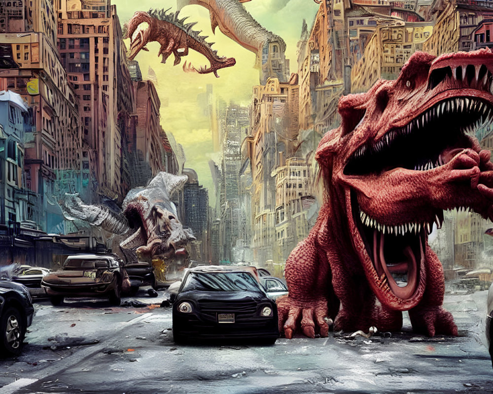 Massive red and gray dinosaurs wreak havoc in a destroyed cityscape.