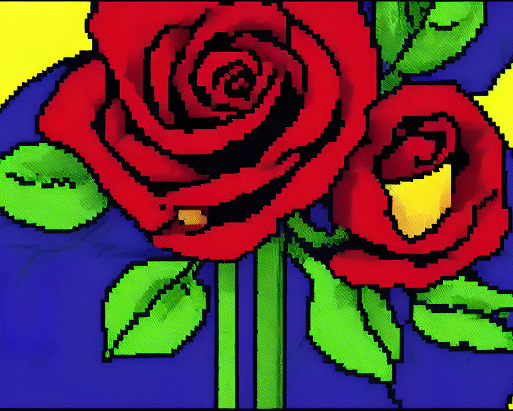 Stylized pixel art of vibrant red roses on split background