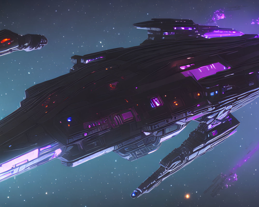 Detailed Spaceship with Glowing Purple and Blue Accents in Space