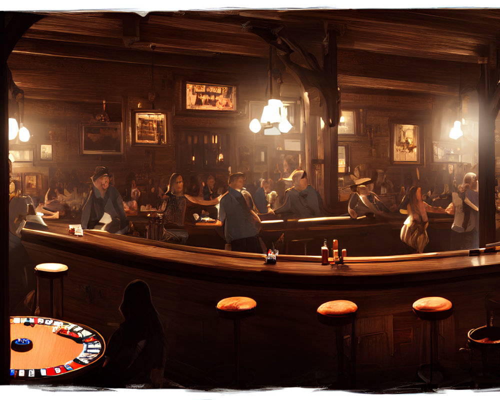 Vintage-style bar with patrons, waitstaff, and roulette wheel