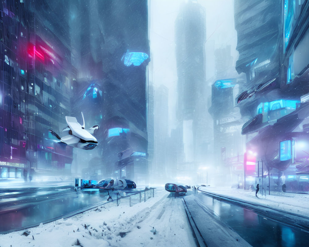 Futuristic snowstorm cityscape with flying cars and neon skyscrapers