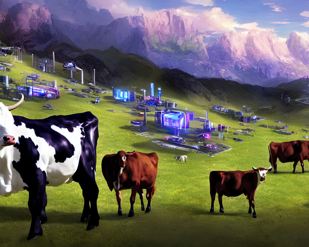 Futuristic alpine meadow with cows grazing and modern structures