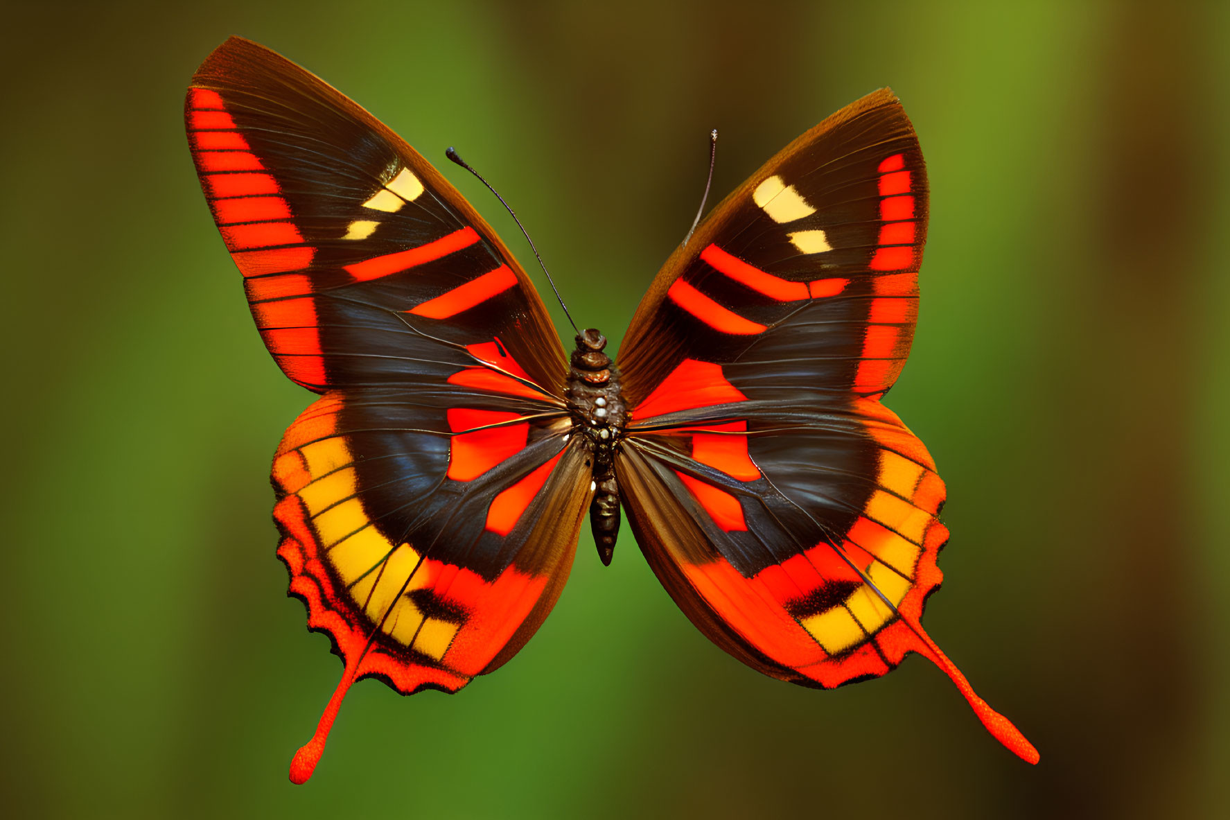 Colorful Butterfly with Striped Wings on Green Background