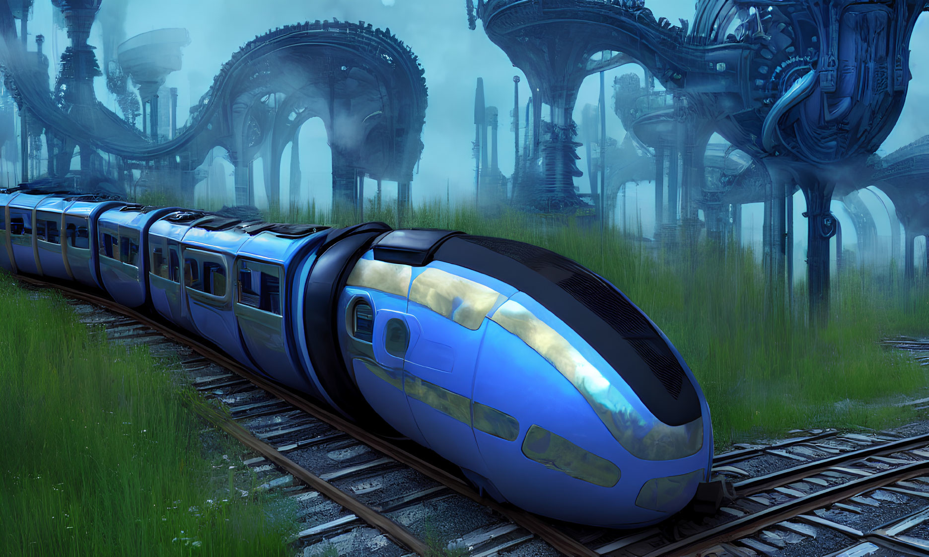 Futuristic blue train in misty sci-fi setting with metallic structures