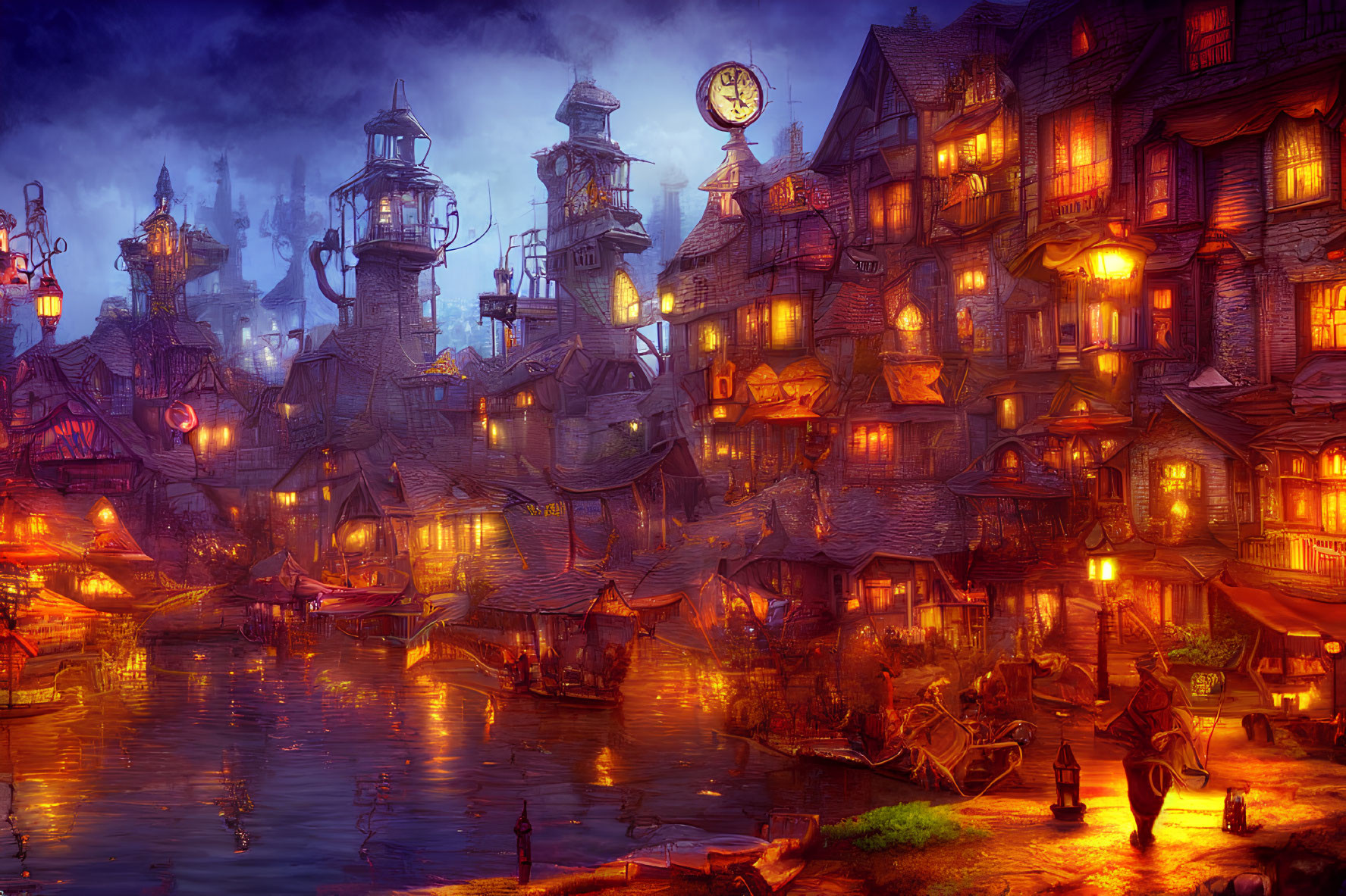 Whimsical lantern-lit town at twilight with clock tower