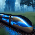 Futuristic blue train in misty sci-fi setting with metallic structures