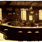 Vintage-style bar with patrons, waitstaff, and roulette wheel