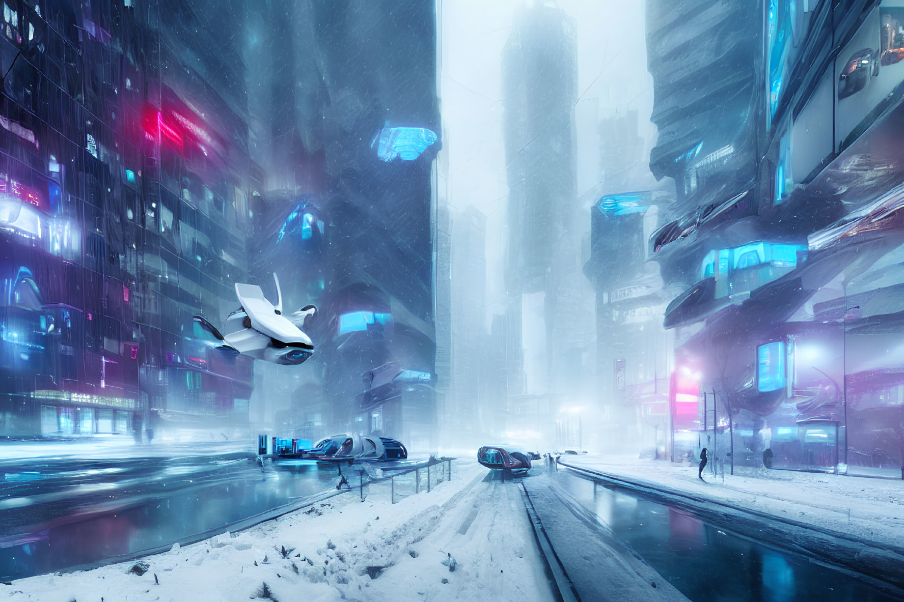 Futuristic snowstorm cityscape with flying cars and neon skyscrapers