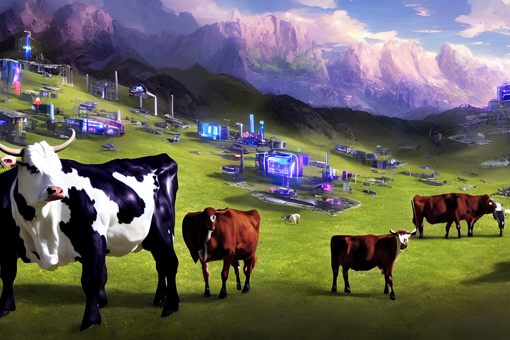 Futuristic alpine meadow with cows grazing and modern structures