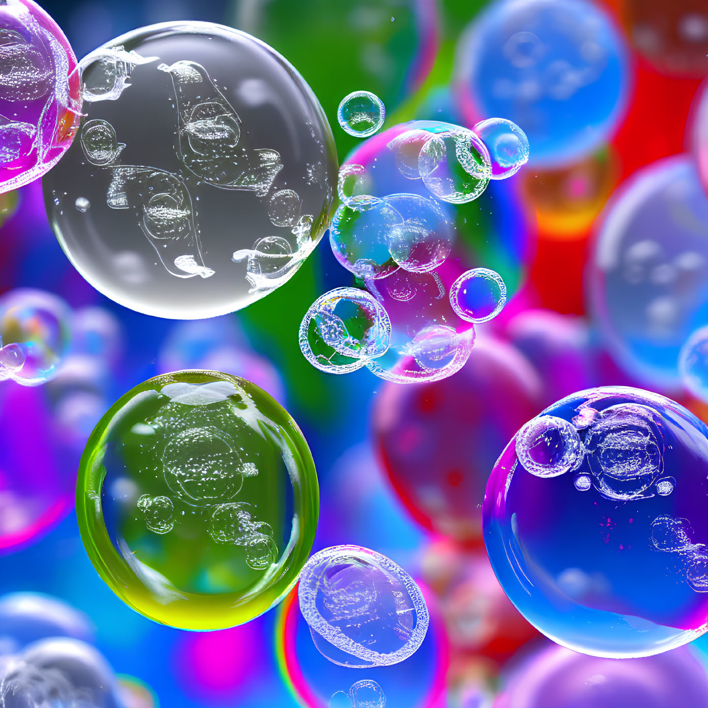 Colorful soap bubbles on reflective surface against bokeh background