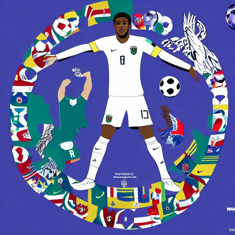 Soccer player illustration with colorful graphics and flags