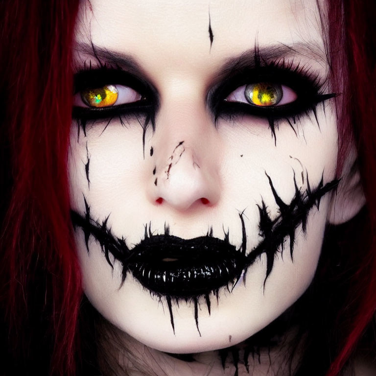 Portrait of a person with yellow eyes, red hair, and gothic makeup