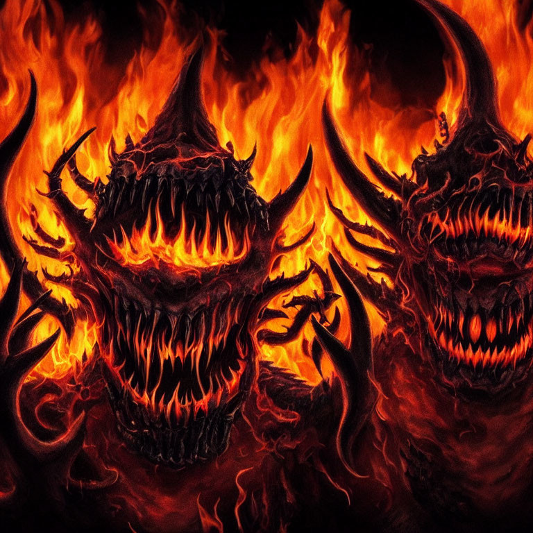 Fiery demon heads with sharp teeth in blazing flames