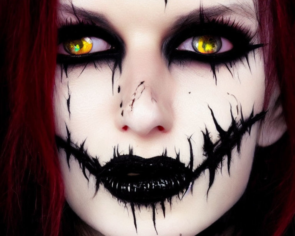 Portrait of a person with yellow eyes, red hair, and gothic makeup