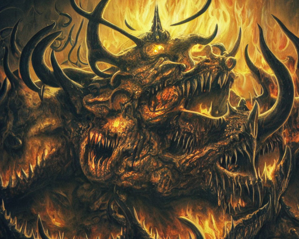 Detailed multi-headed dragon engulfed in flames on dark background