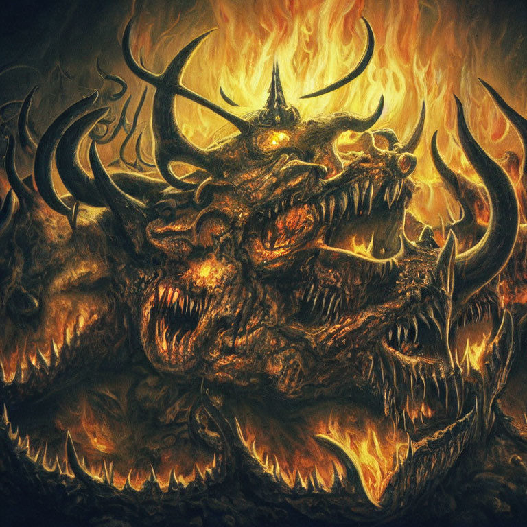 Detailed multi-headed dragon engulfed in flames on dark background