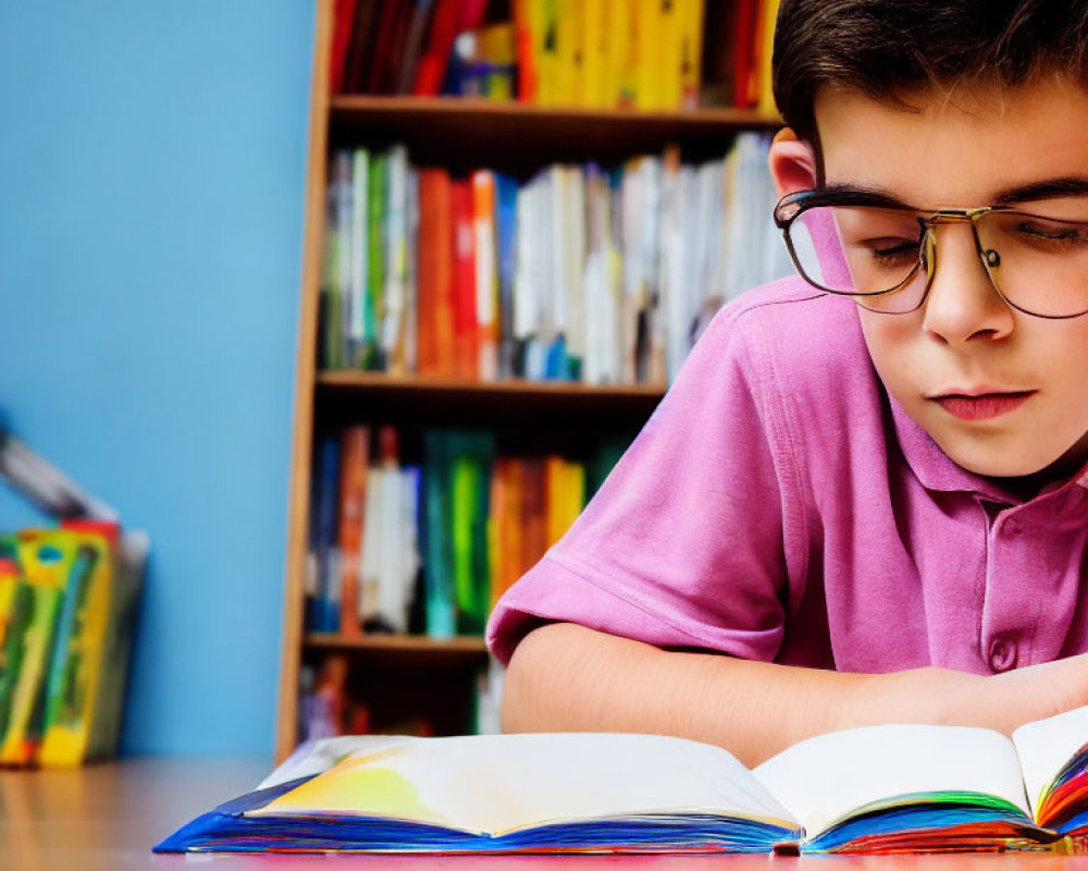 Young boy in pink shirt reading book in front of colorful bookshelf