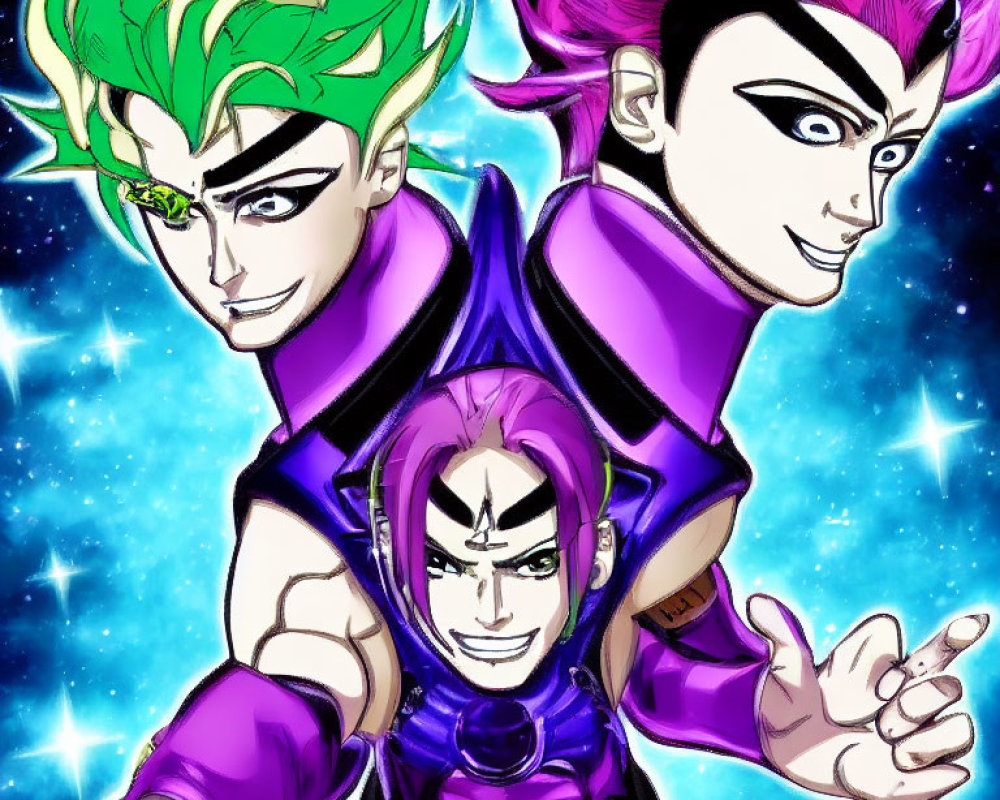 Colorful illustration: Three characters with green and purple hair in cosmic setting