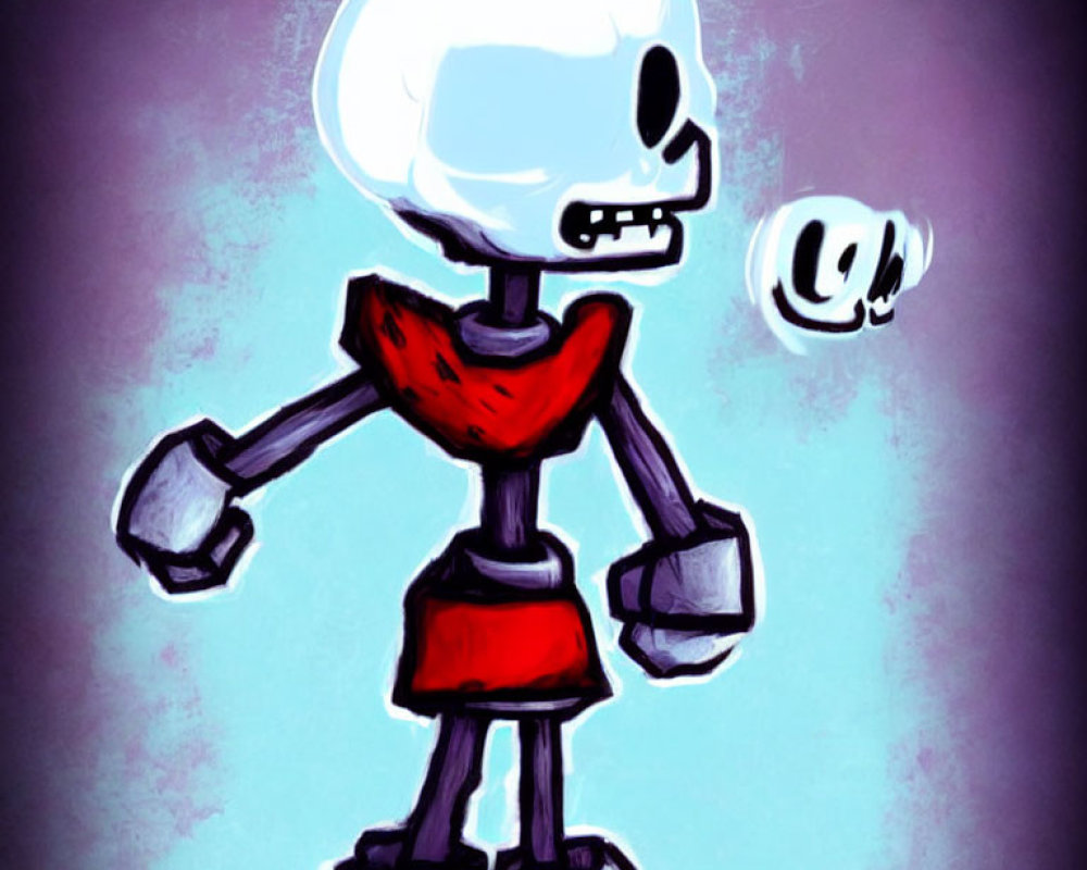 Cartoon skeleton with large head in red outfit tossing skull.