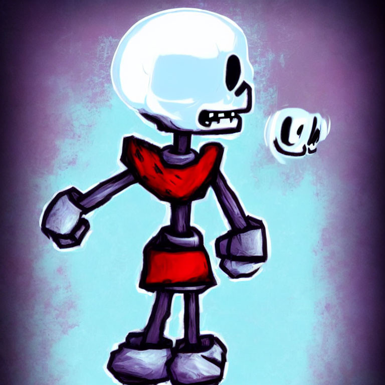 Cartoon skeleton with large head in red outfit tossing skull.