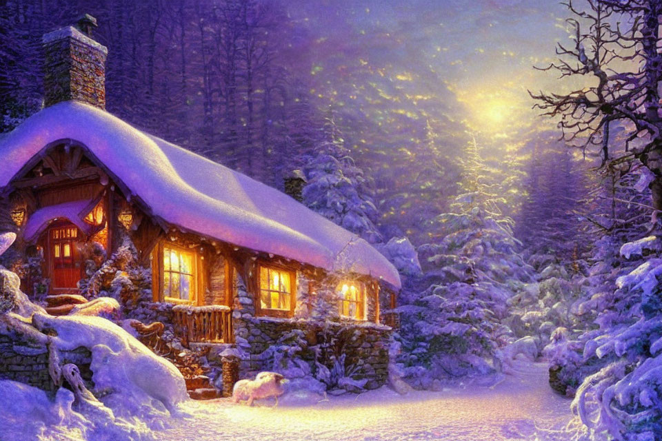 Snow-covered cabin in enchanted winter forest with warm glowing lights