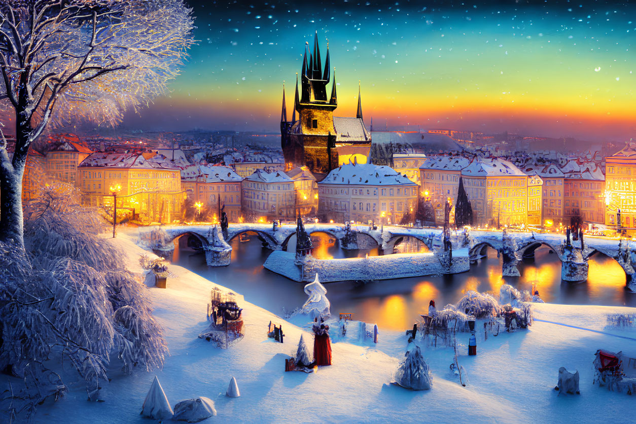 Twilight snow-covered cityscape with gothic church, bridge, river, and starry sky
