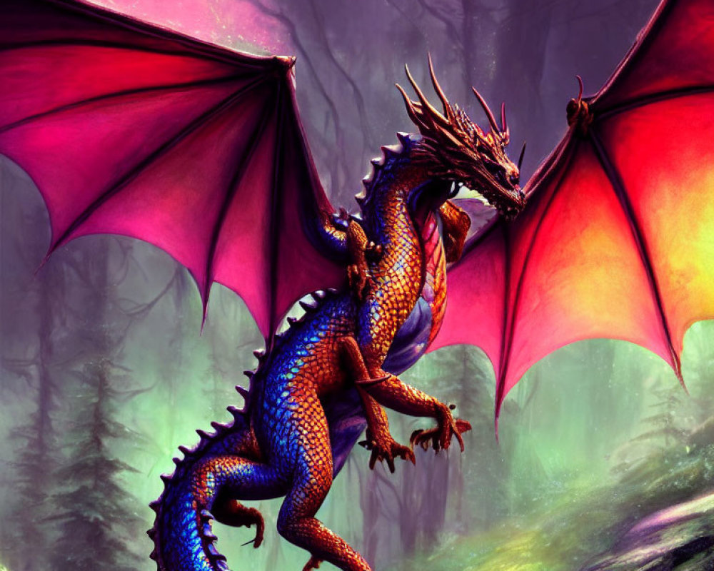 Majestic blue and purple dragon in mystical forest with red-tinged wings