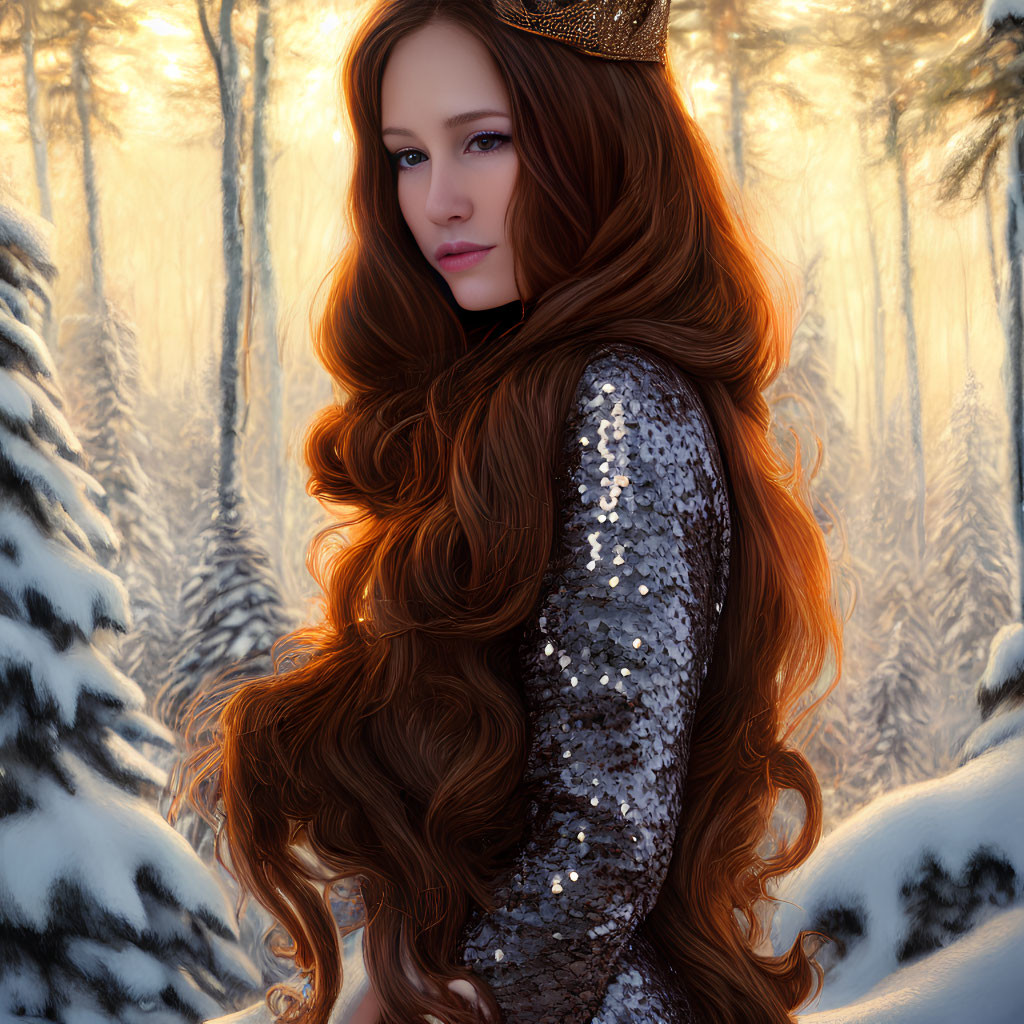 Regal woman with red hair, crown, silver dress in snowy forest