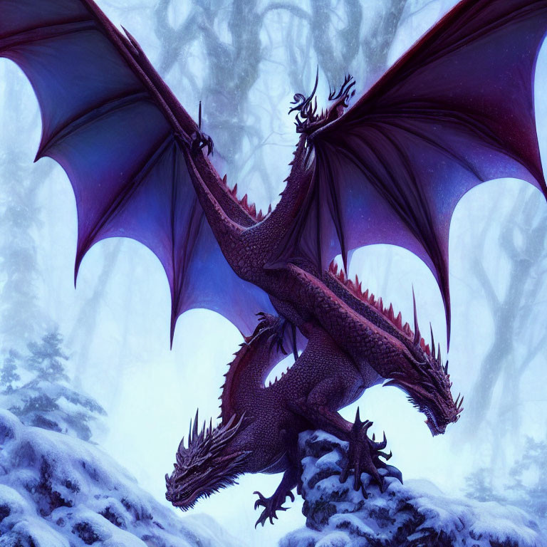 Purple dragon with large wings in misty forest landscape