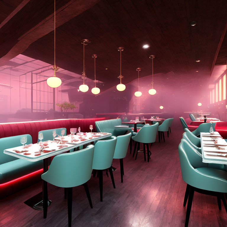 Modern Restaurant Interior with Pink and Blue Lighting, Red Booths, Teal Chairs