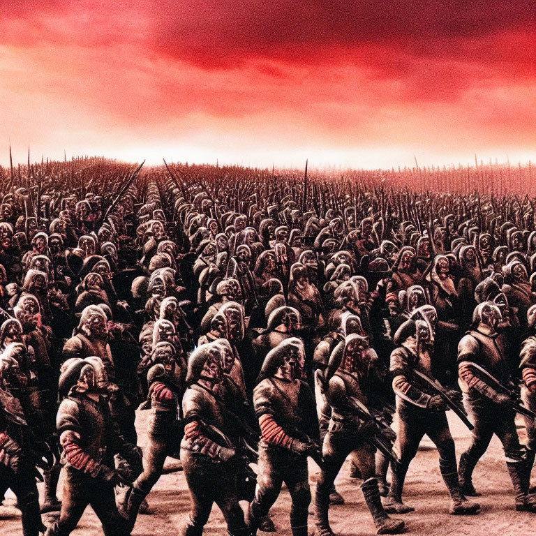 Armored soldiers march under a blood-red sky in intense scene