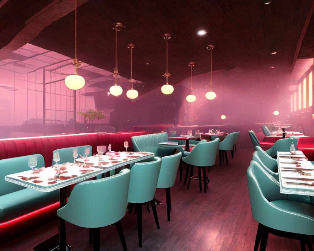 Modern Restaurant Interior with Pink and Blue Lighting, Red Booths, Teal Chairs