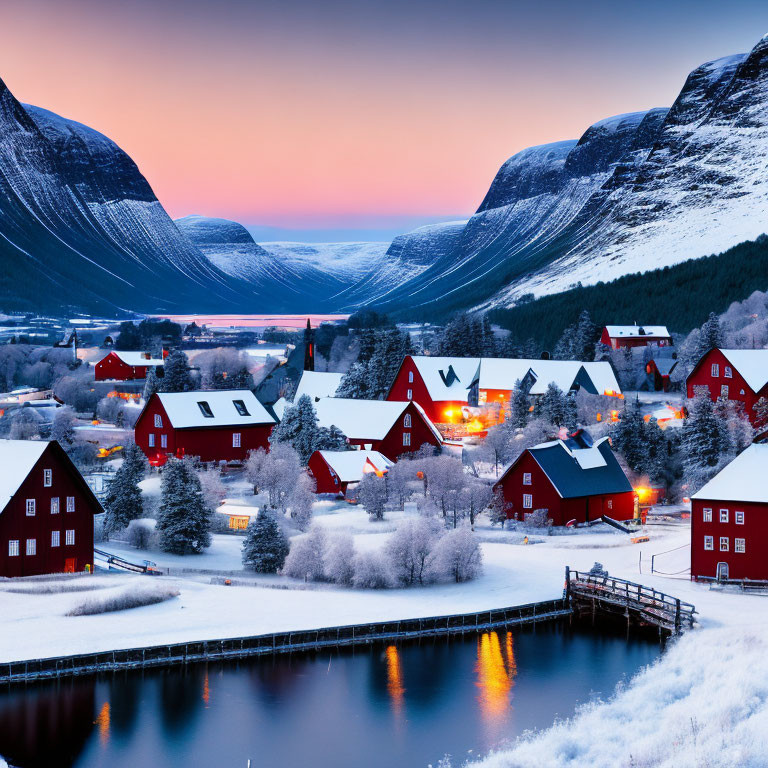 Snowy Village with Red Houses Along River at Twilight nestled between Dark Mountains