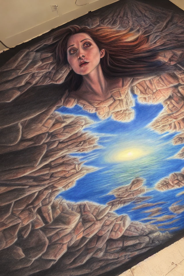 Anamorphic pavement artwork of woman merging into cracked earth with glowing sun illusion