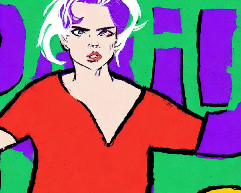 Colorful Pop Art Style Illustration of Woman with White Hair and Red Top