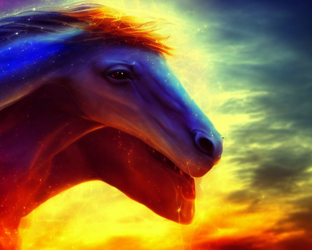 Colorful cosmic horse blending with nebula in vibrant digital art