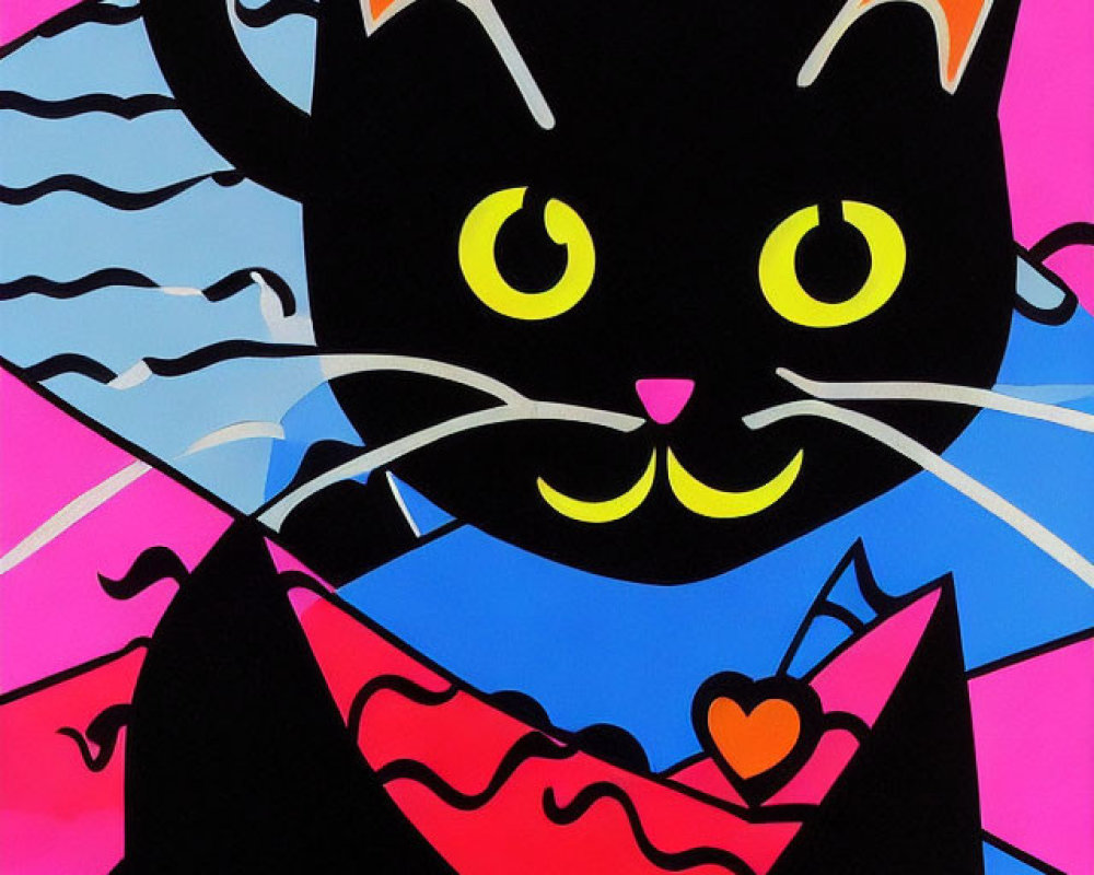Colorful painting of a black cat with yellow eyes and orange bow holding a heart-sealed envelope