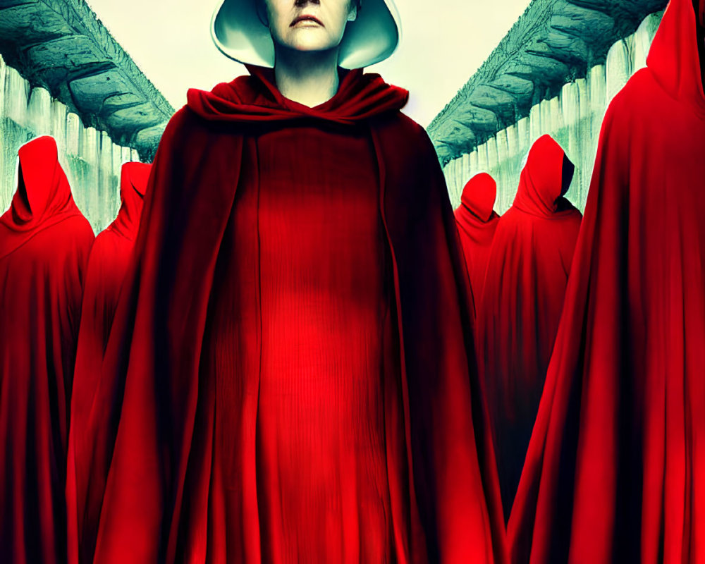 Symmetrical Formation of Figures in Red Cloak and Bonnet under Dramatic Sky