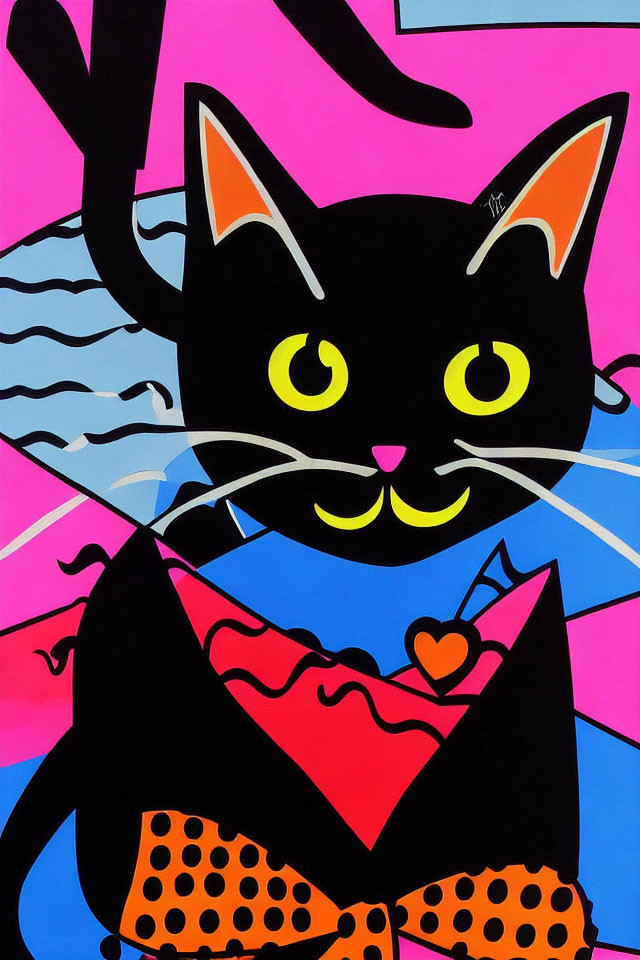 Colorful painting of a black cat with yellow eyes and orange bow holding a heart-sealed envelope