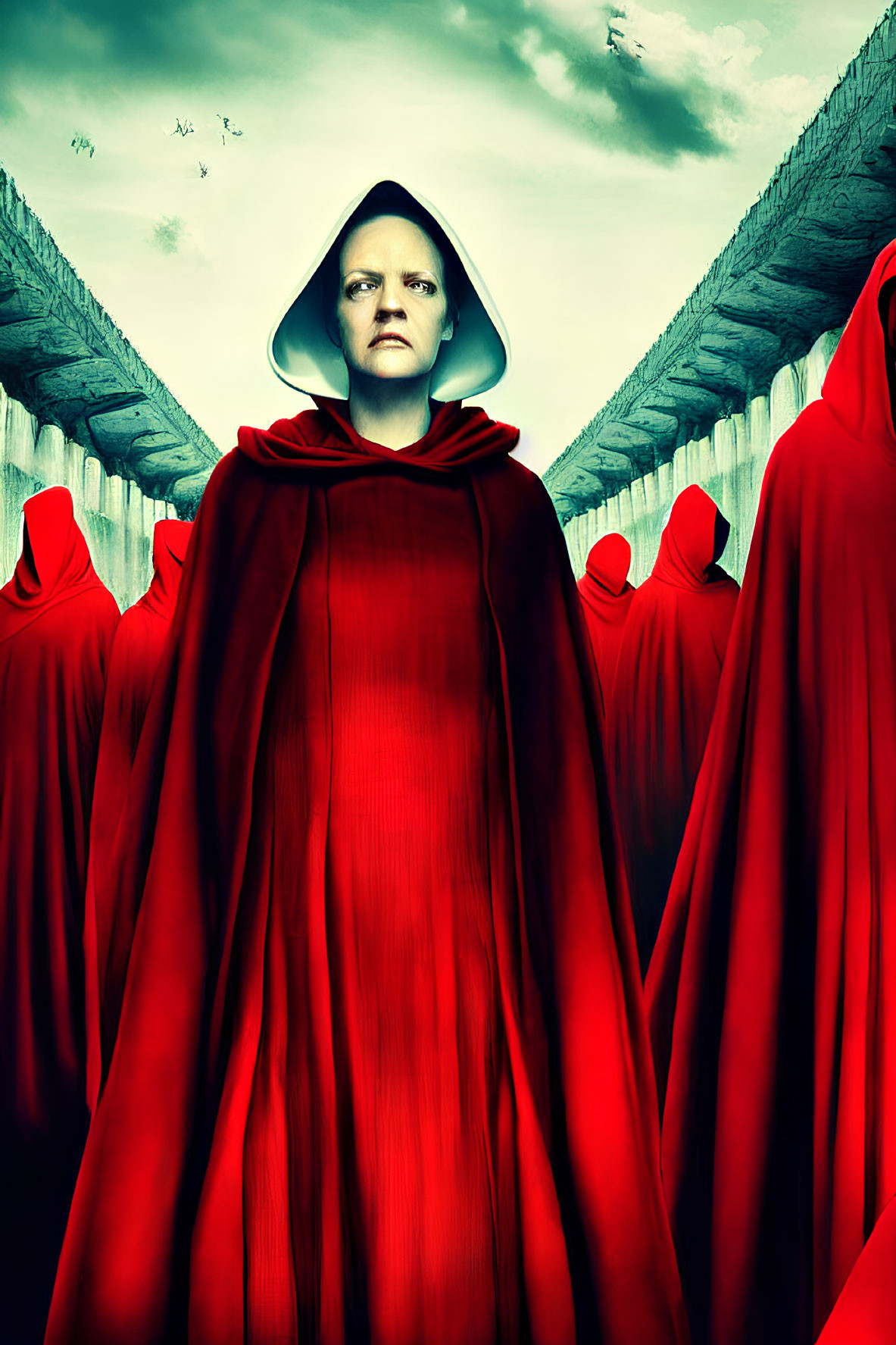 Symmetrical Formation of Figures in Red Cloak and Bonnet under Dramatic Sky