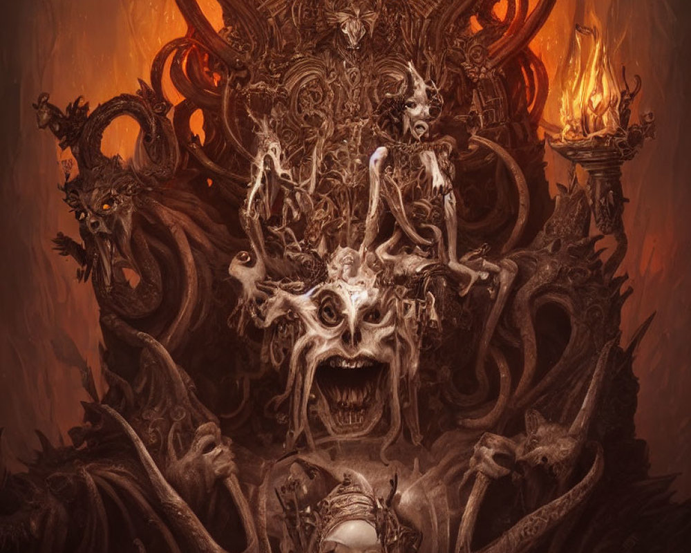 Gothic image with mask-like figure, twisted creatures, eerie faces, and fiery torches