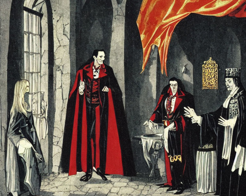 Vintage Gothic Illustration with Vampires and Frightened Woman
