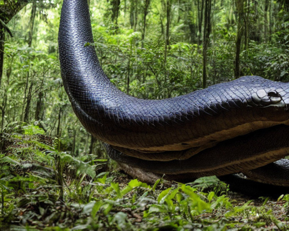Large Dark-Scaled Snake Moving Through Lush Forest