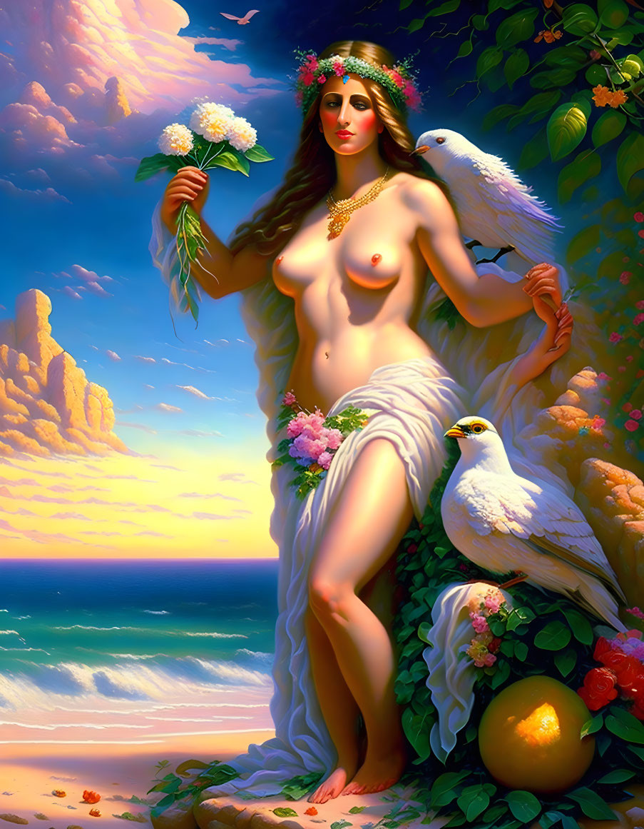Woman with flowers and birds in ocean backdrop, vibrant colors.